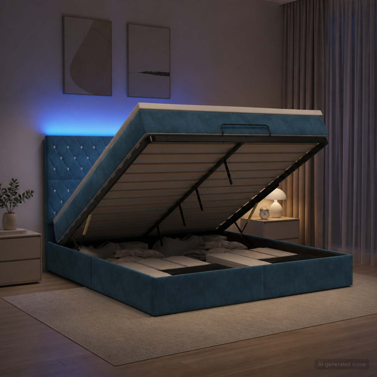 Letto Ottomano con Materasso e LED Blu scuro 140 x 200 cm | homemem39