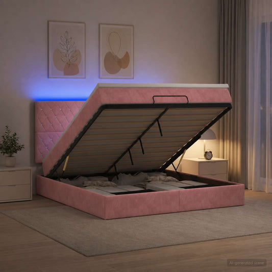 Letto Ottomano con Materasso e LED Rosa 140 x 190 cm Velluto | homemem39