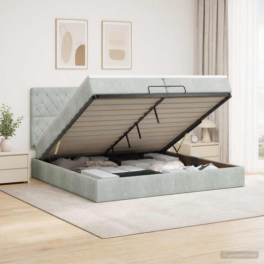 Letto ottomano con materasso Grigio Chiaro 200 x 200 cm Velluto - homemem39