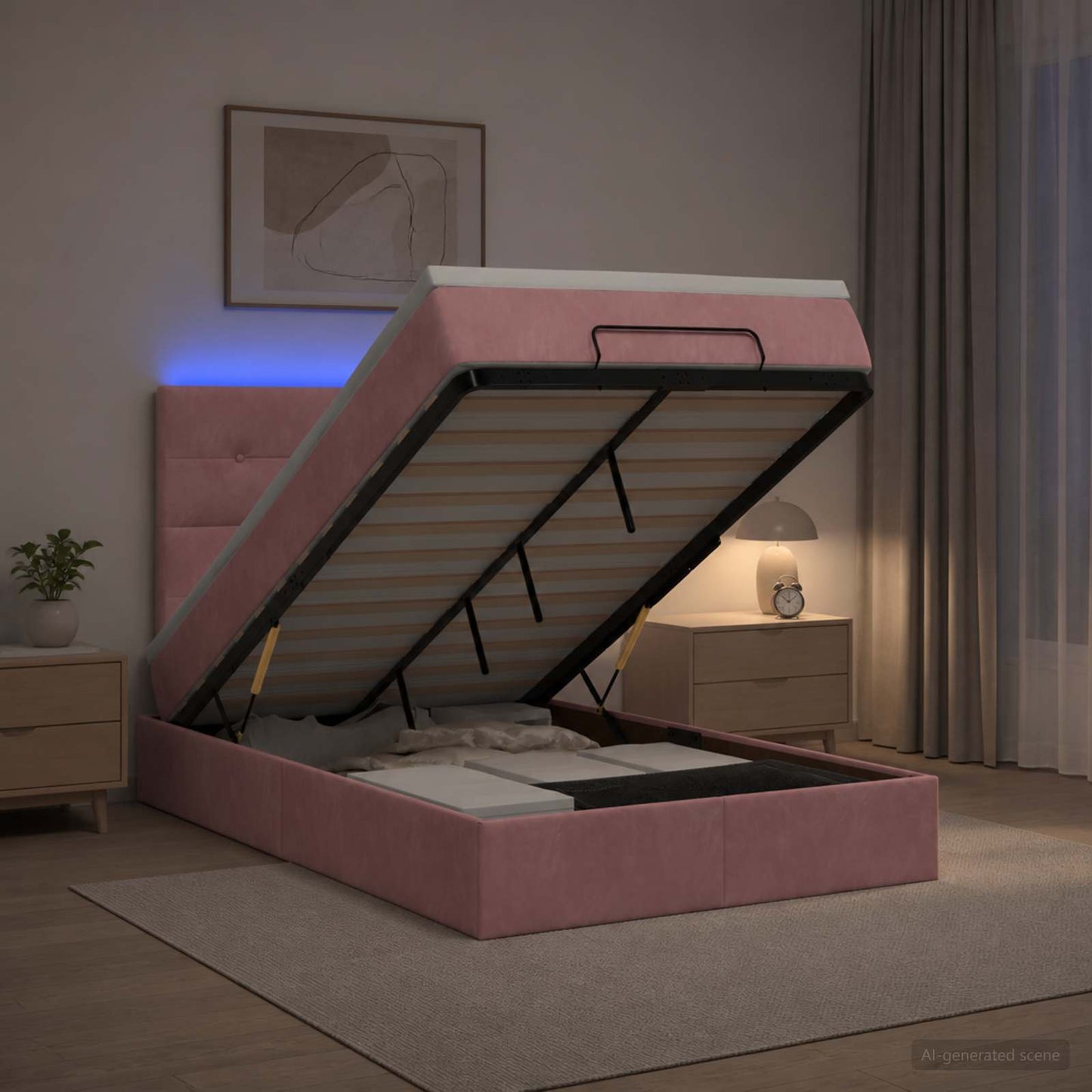 Letto Ottomano con Materasso e LED Rosa 120 x 200 cm Velluto