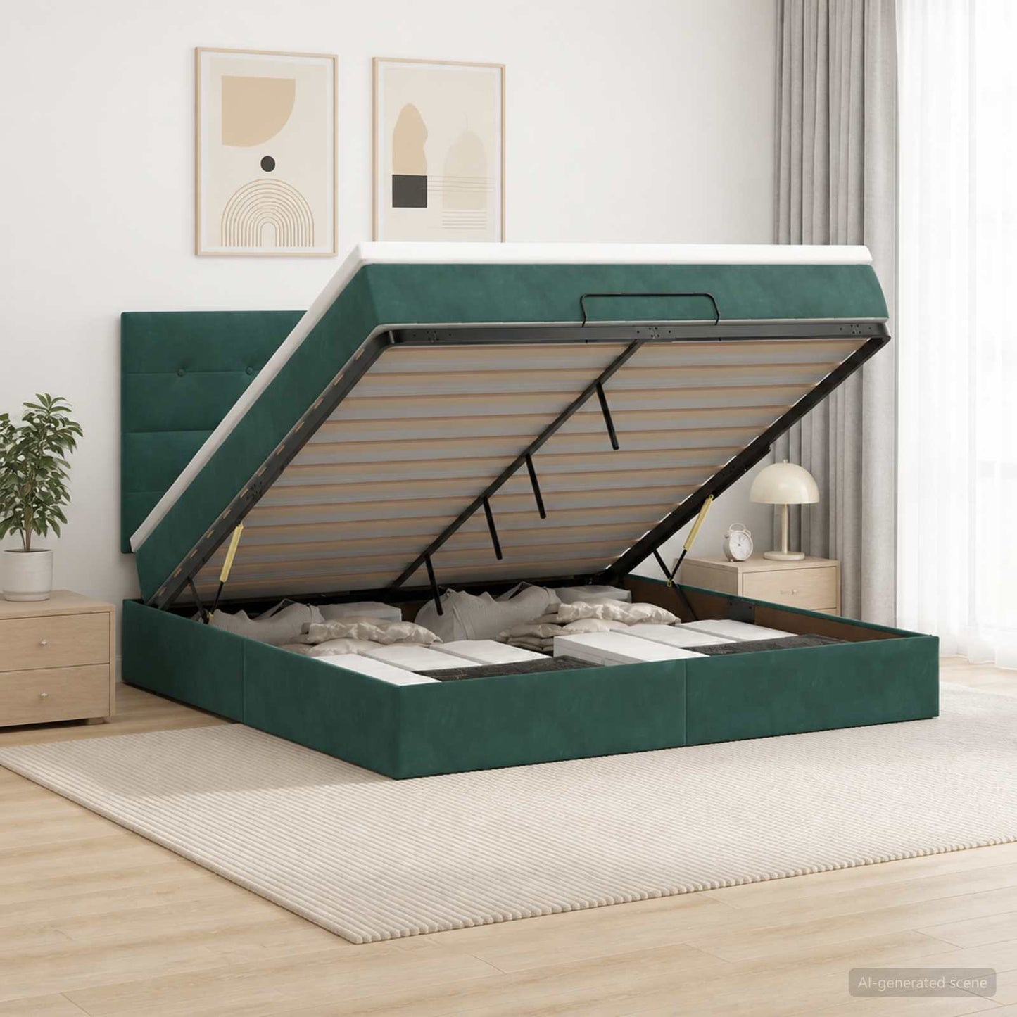 Letto Ottomano con Materasso e LED Verde Scuro 140 x 200 cm