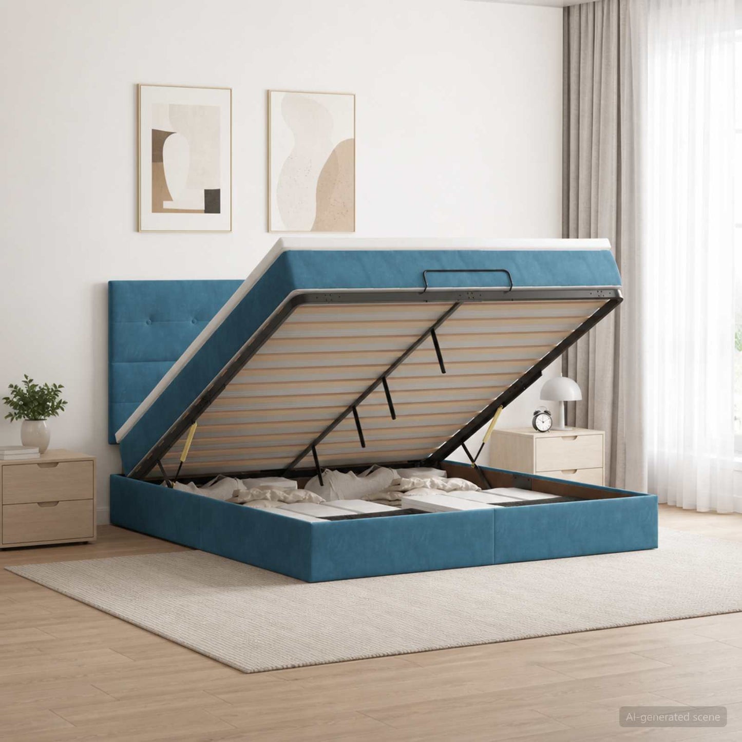 Letto Ottomano con Materasso e LED Blu scuro 160 x 200 cm