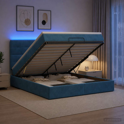 Letto Ottomano con Materasso e LED Blu scuro 180 x 200 cm