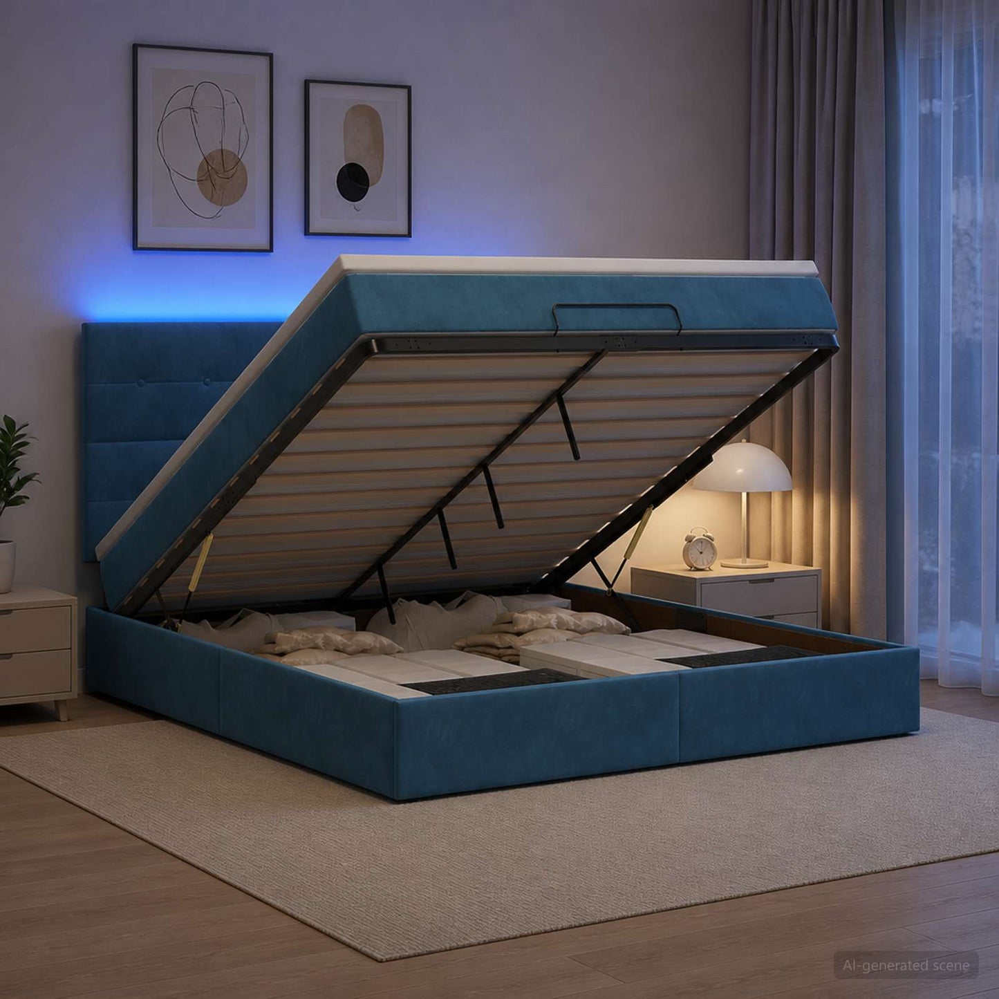 Letto Ottomano con Materasso e LED Blu scuro 140 x 190 cm