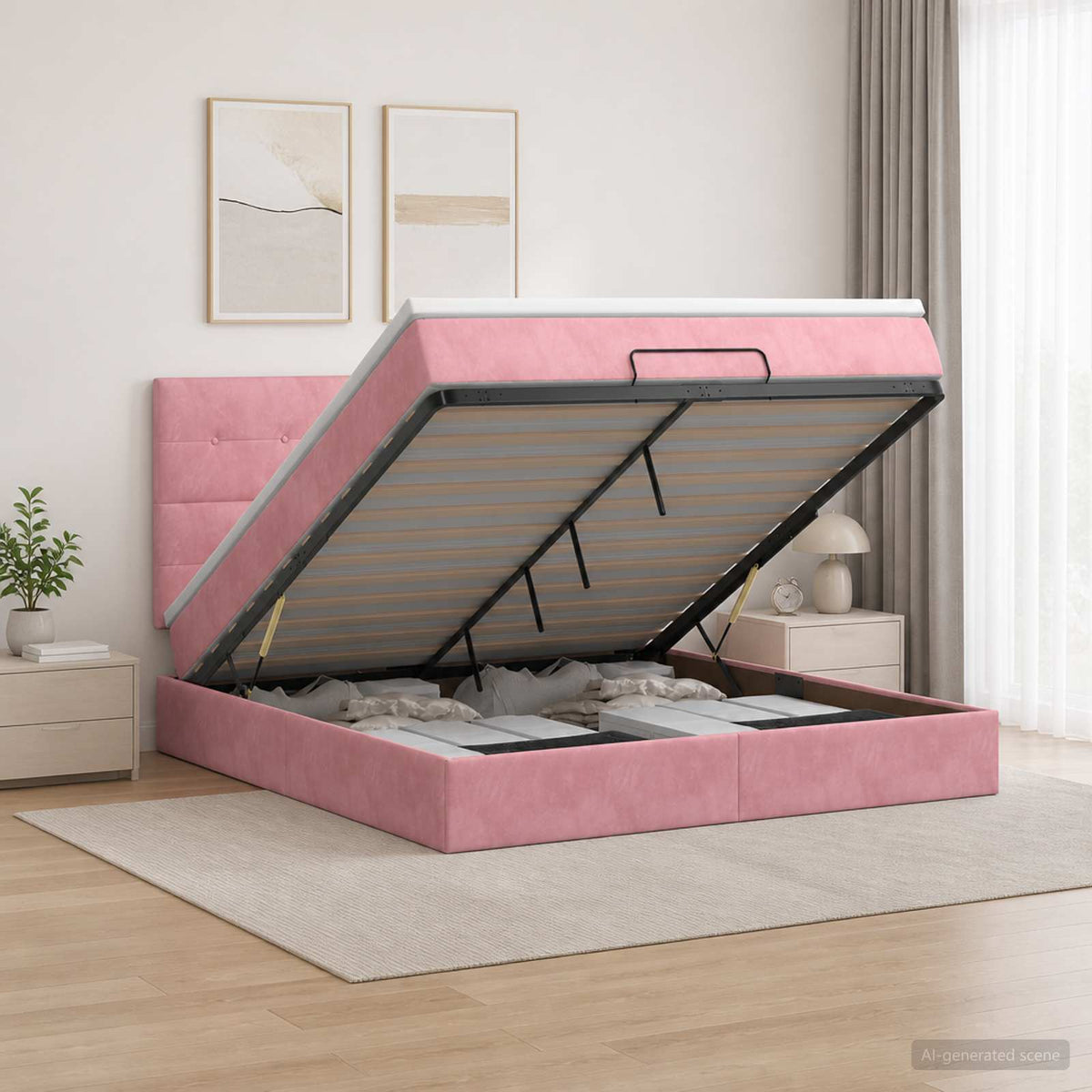 Letto Ottomano con Materasso e LED Rosa 140 x 200 cm Velluto | homemem39