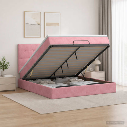 Letto Ottomano con Materasso e LED Rosa 140 x 200 cm Velluto | homemem39