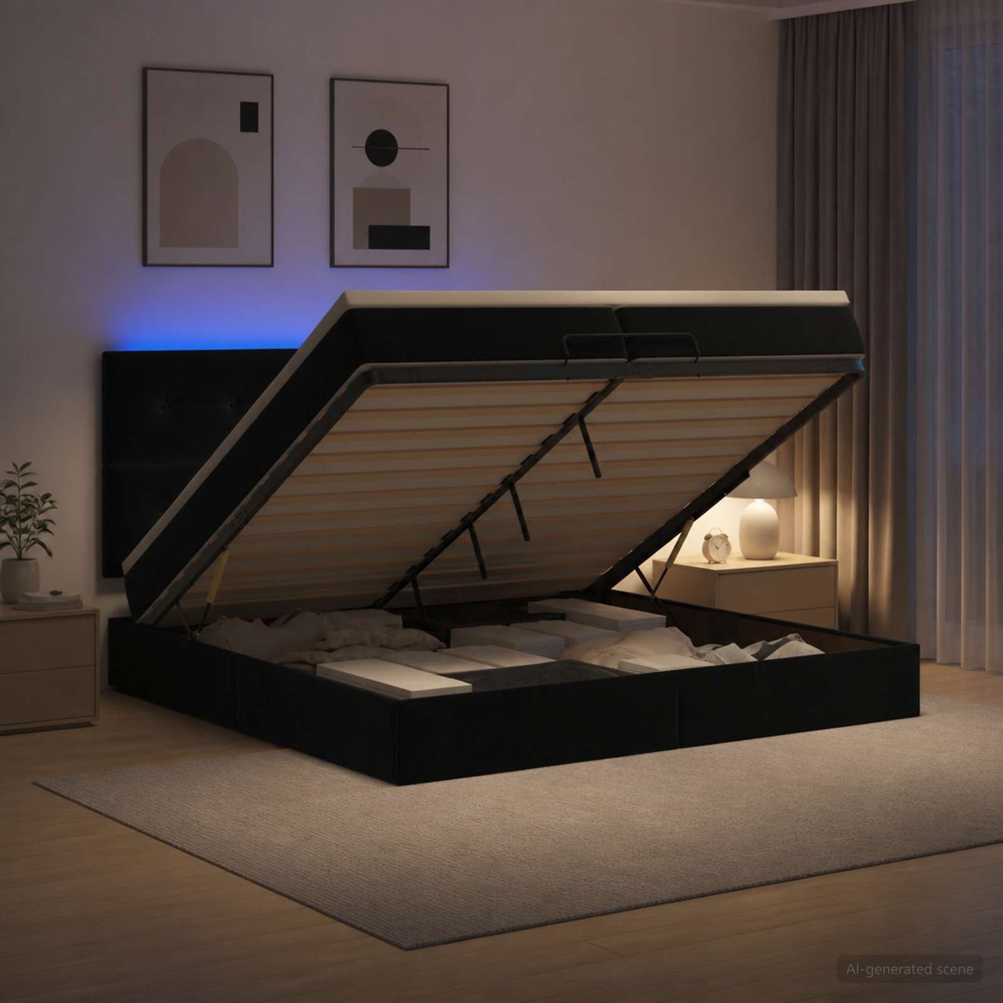 Letto Ottomano con Materasso e LED Nero 200 x 200 cm Velluto