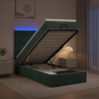 Letto Ottomano con Materasso e LED Verde Scuro 100 x 200 cm