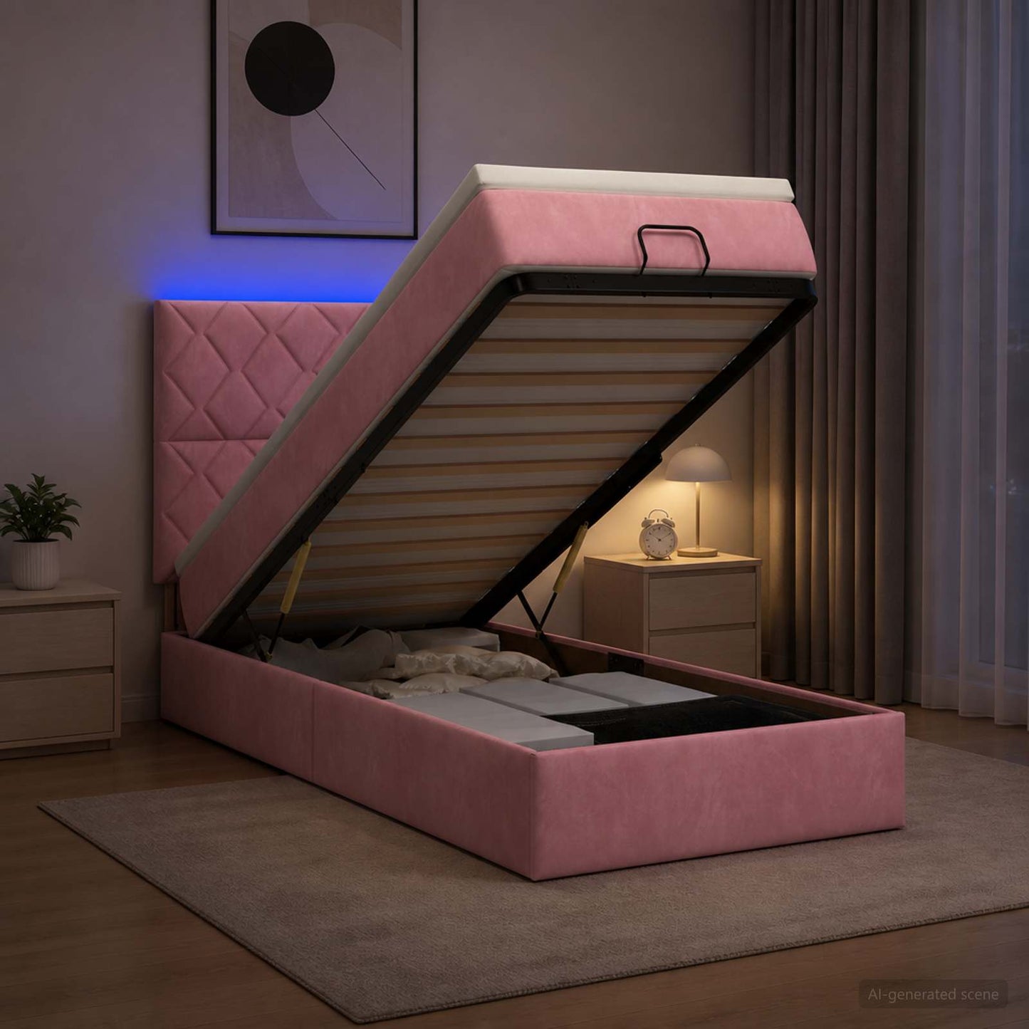 Letto Ottomano con Materasso e LED Rosa 80 x 200 cm Velluto