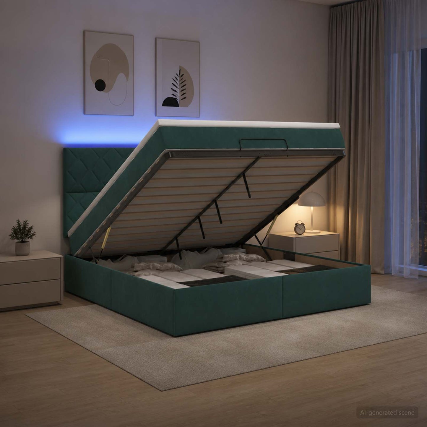 Letto Ottomano con Materasso e LED Verde Scuro 140 x 200 cm