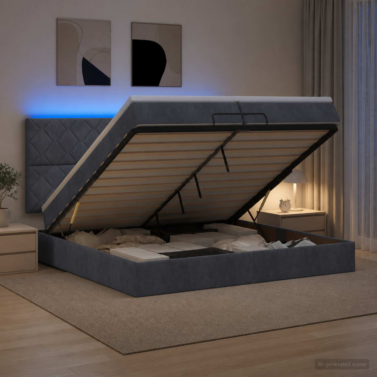 Letto Ottomano con Materasso e LED Grigio Scuro 200 x 200 cm | homemem39