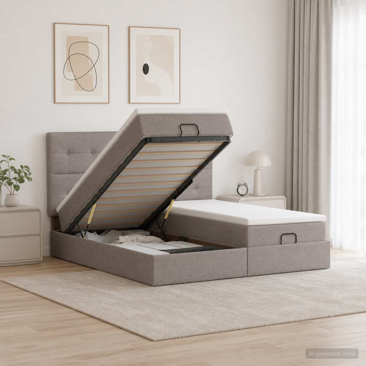 Letto Ottomano con Materasso e LED Tortora 160 x 200 cm Tessuto | homemem39