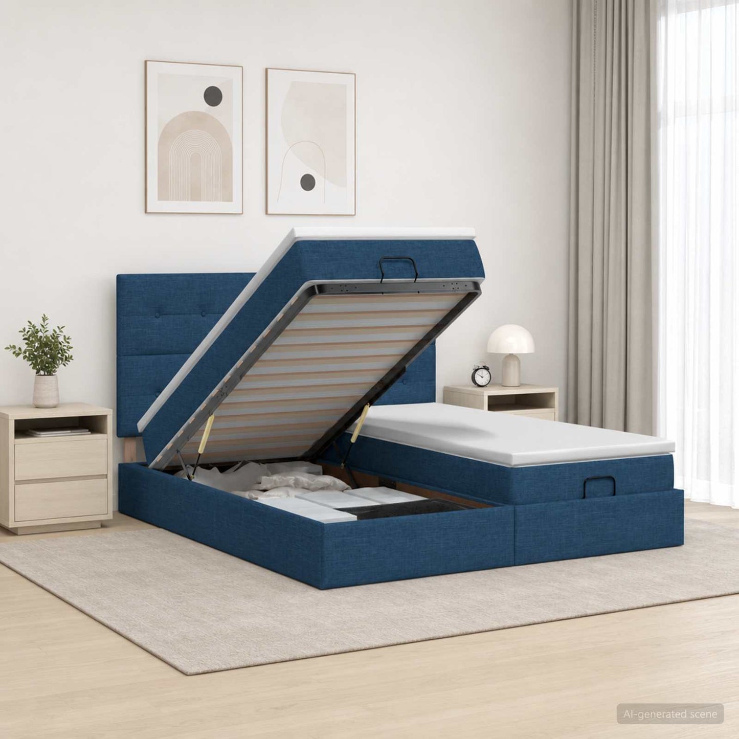 Letto Ottomano con Materasso e LED Blu 200 x 200 cm Tessuto | homemem39