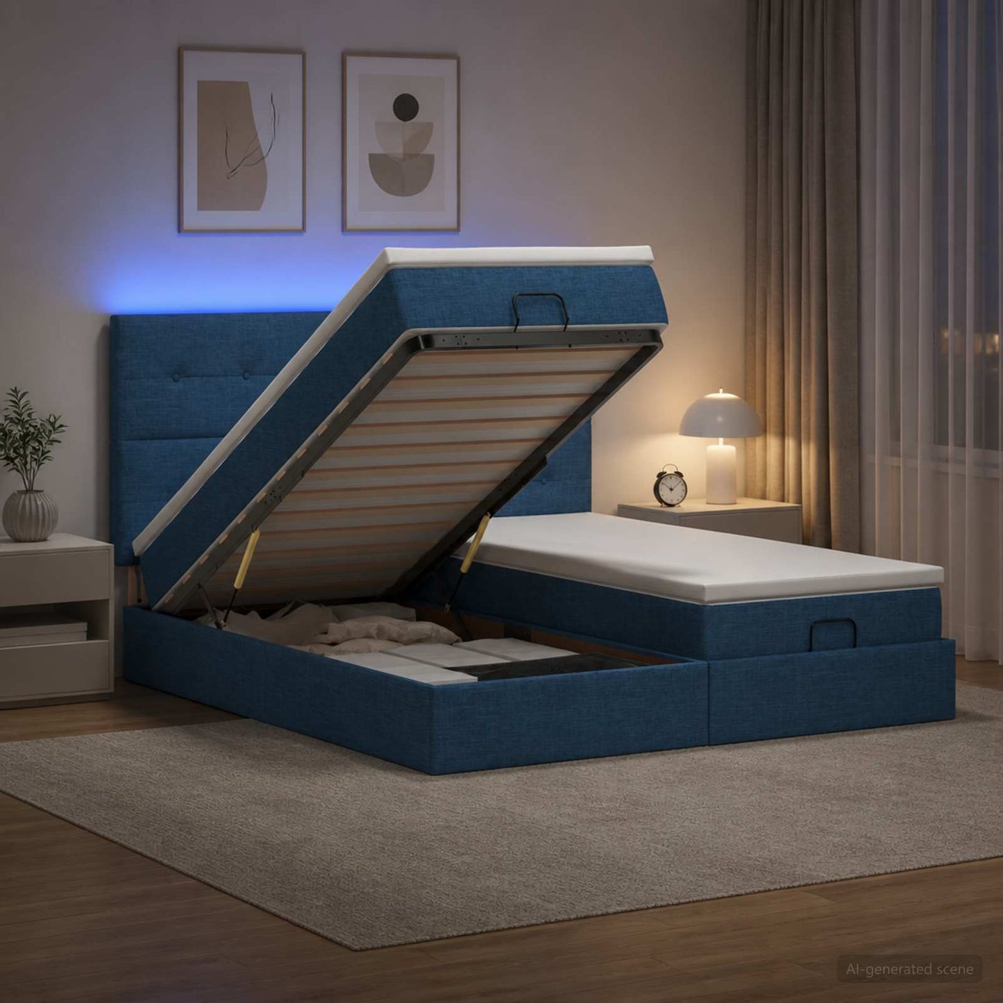 Letto Ottomano con Materasso e LED Blu 200 x 200 cm Tessuto | homemem39
