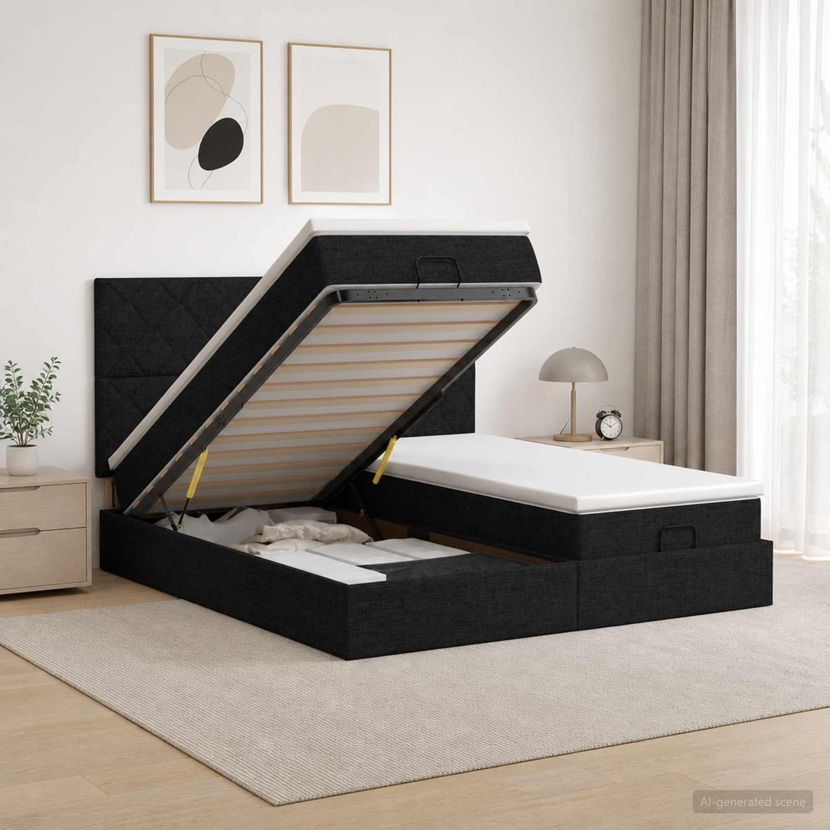 Letto Ottomano con Materasso e LED Nero 180 x 200 cm Tessuto | homemem39
