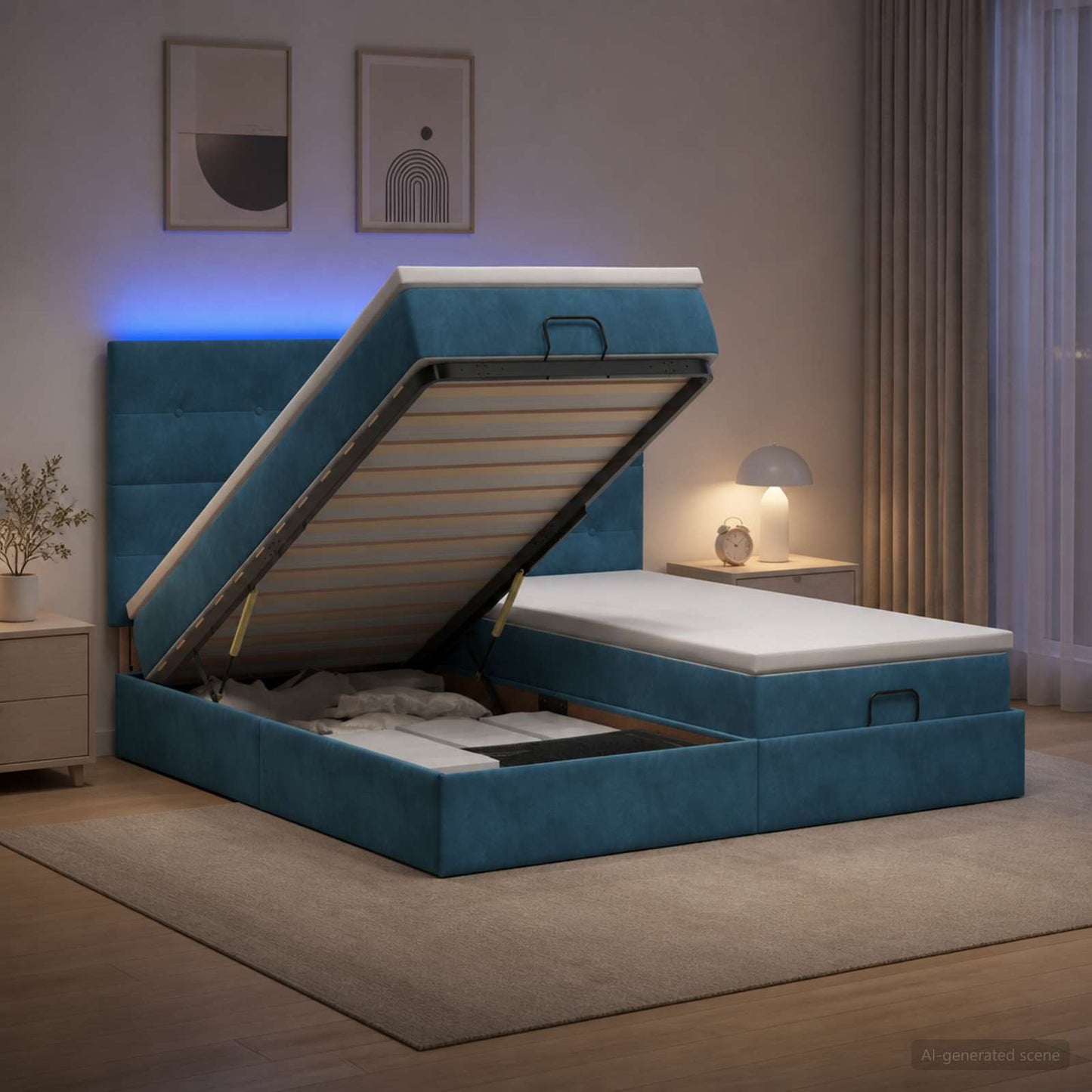 Letto Ottomano con Materasso e LED Blu scuro 180 x 200 cm
