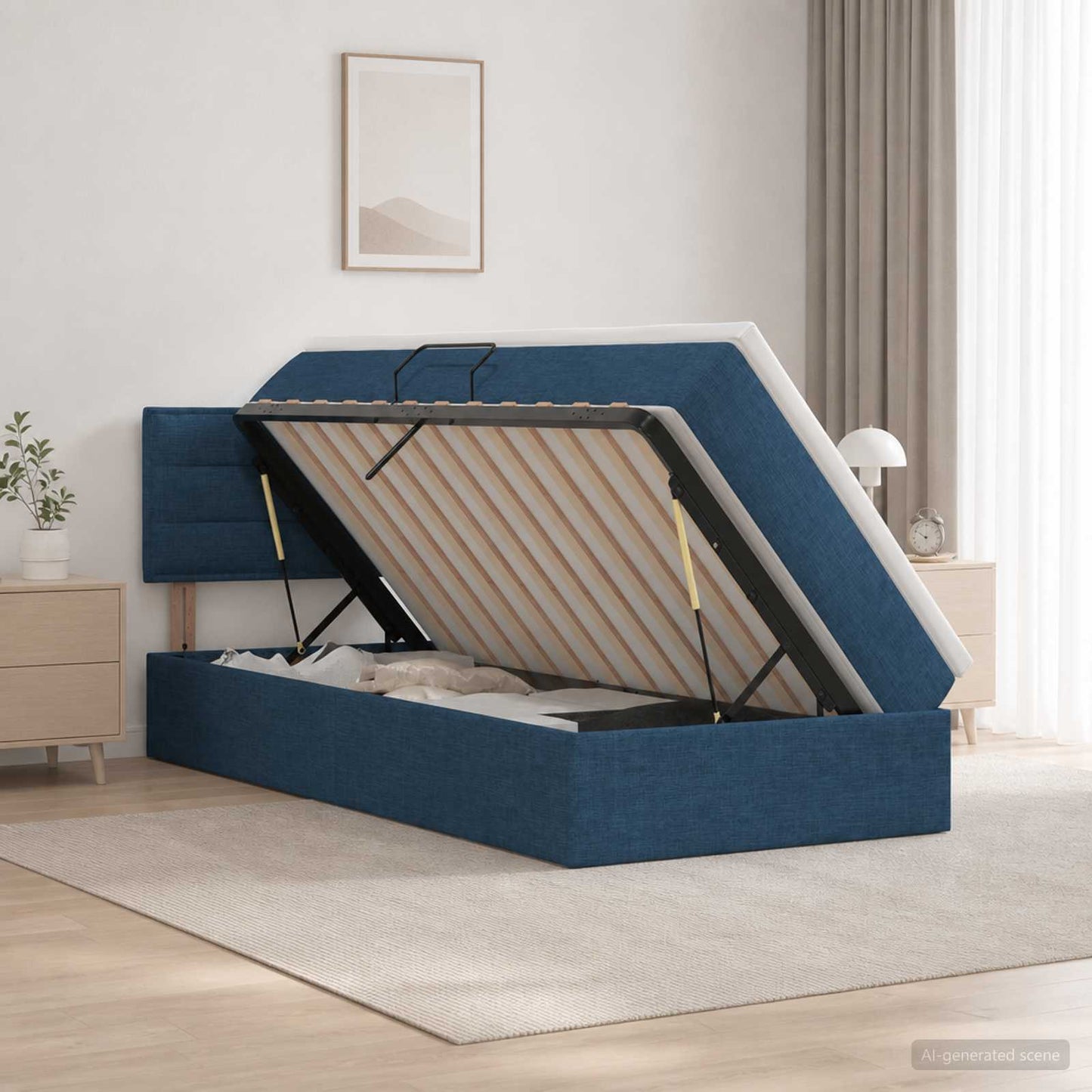 Letto con contenitore LED e materasso Blu 100 x 200 cm Tessuto