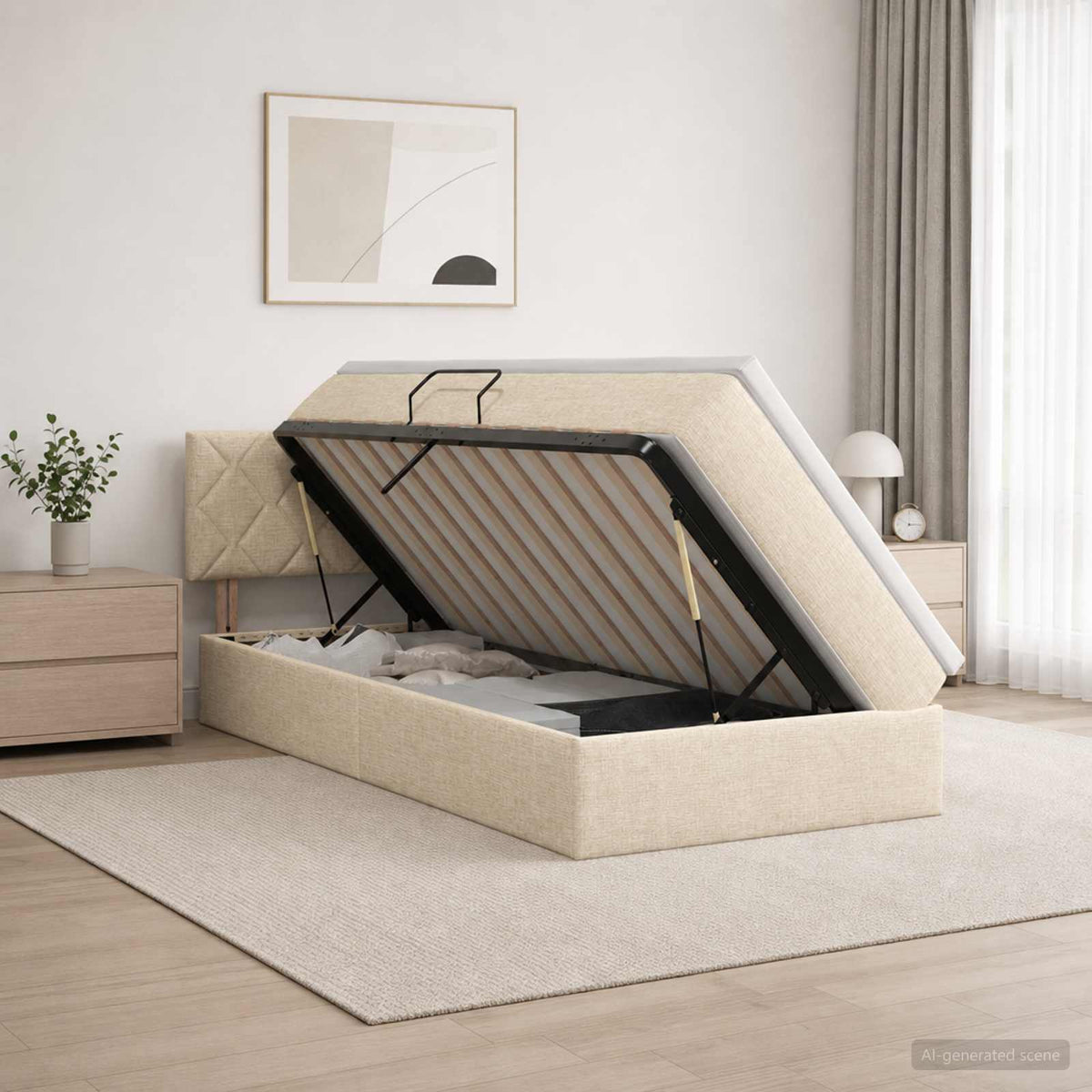 Letto con contenitore LED e materasso Crema 90 x 190 cm Tessuto