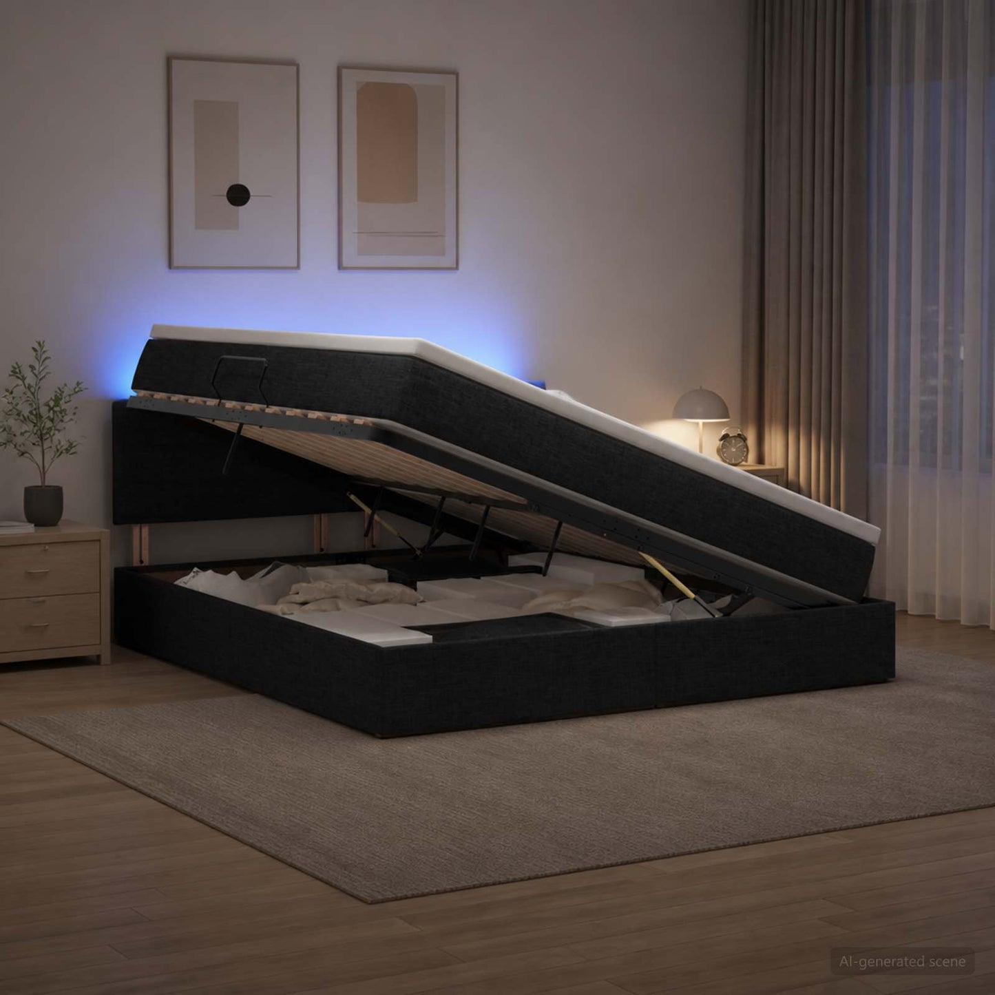 Letto con contenitore LED e materasso Nero 140 x 200 cm Tessuto