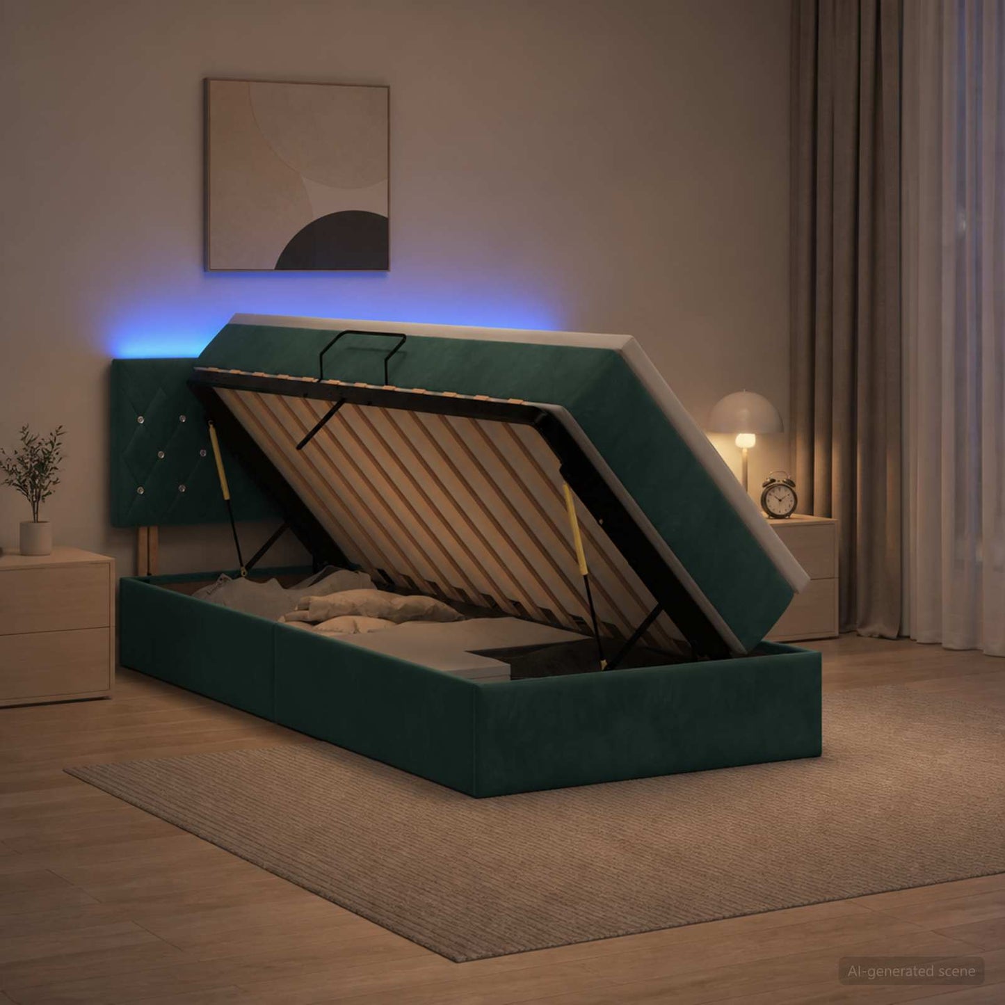 Letto con contenitore LED e materasso Verde Scuro 90 x 190 cm