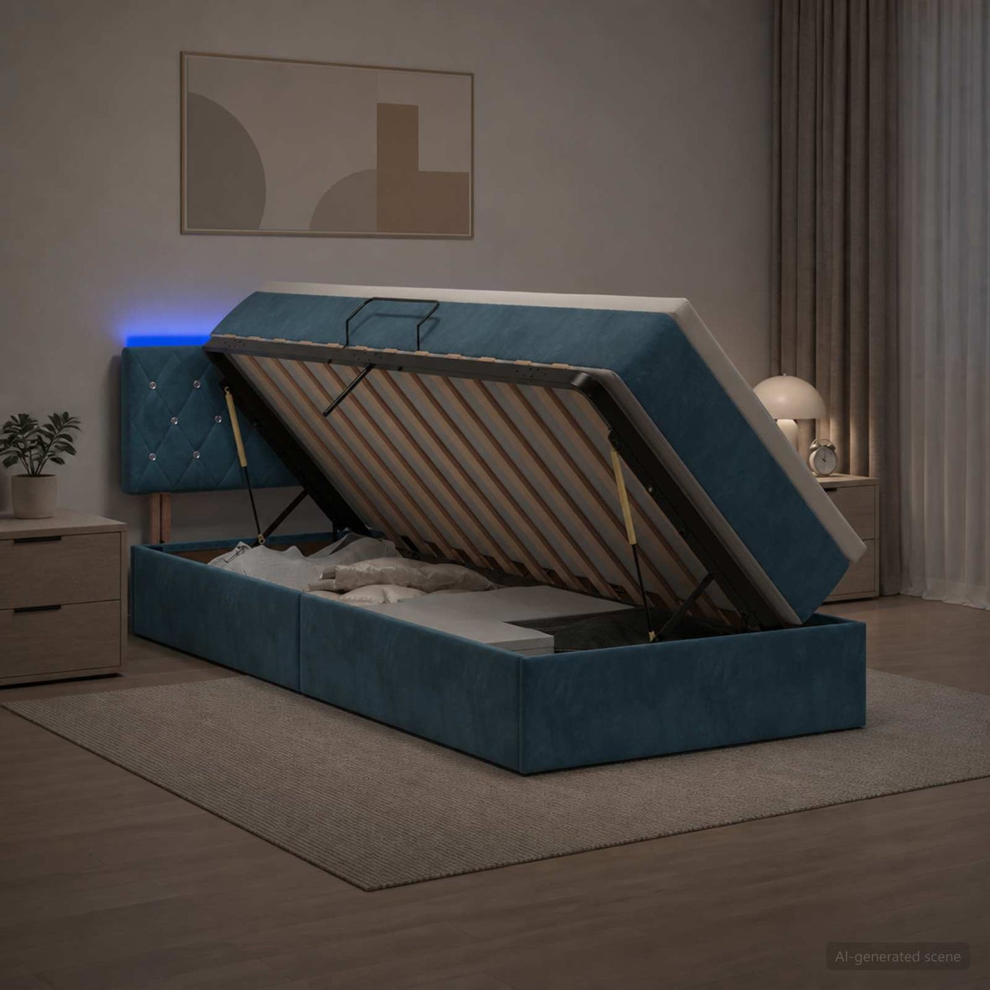 Letto con contenitore LED e materasso Blu Scuro 100 x 200 cm