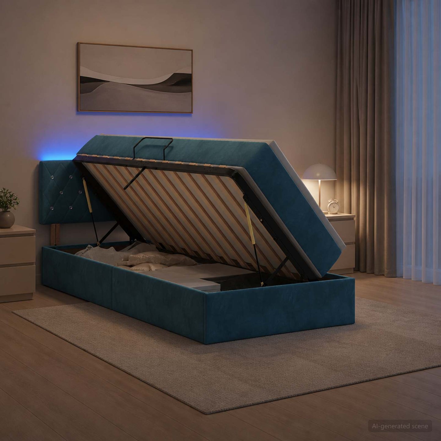 Letto con contenitore LED e materasso Blu Scuro 100 x 200 cm