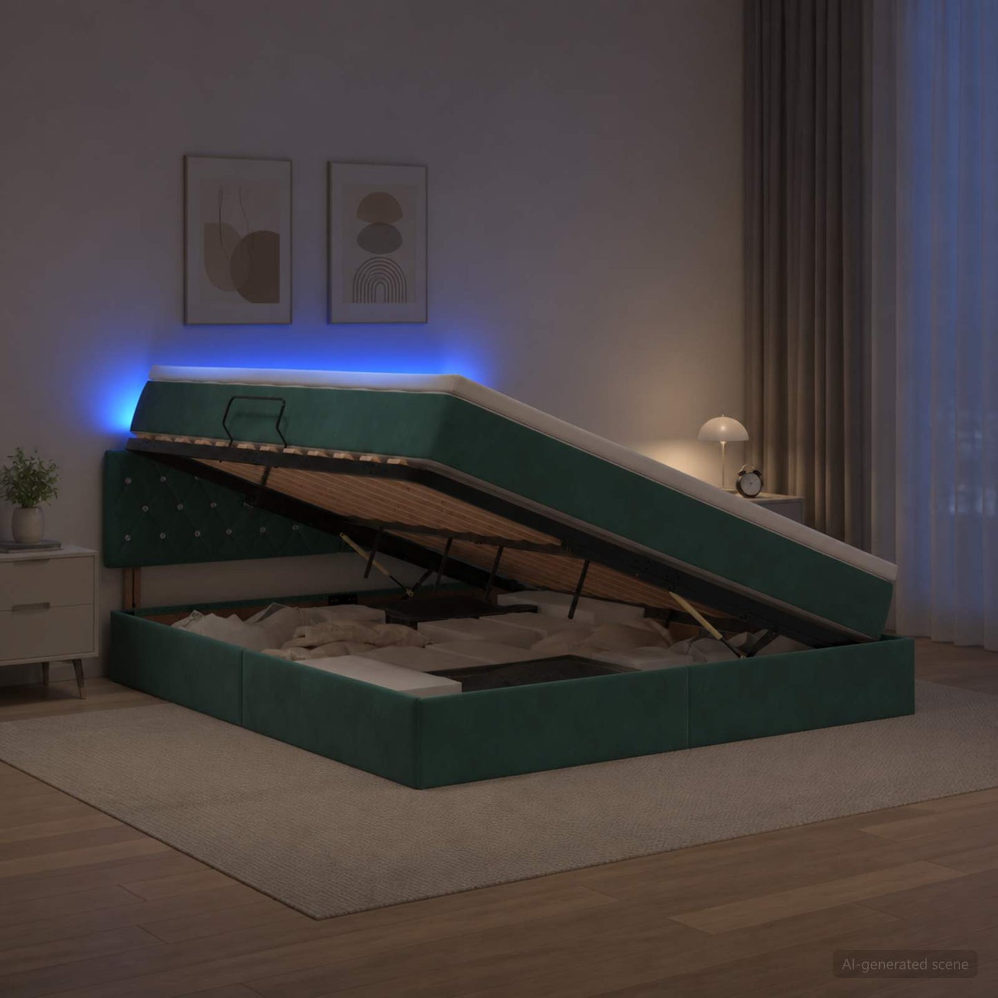 Letto con contenitore LED e materasso Verde Scuro 140 x 200 cm