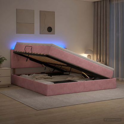 Letto con contenitore LED e materasso Rosa 160 x 200 cm Velluto