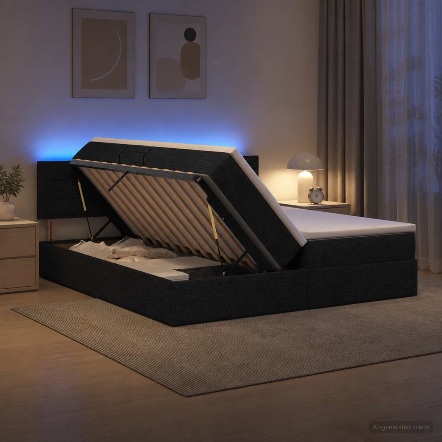 Letto con contenitore LED e materasso Nero 180 x 200 cm Tessuto
