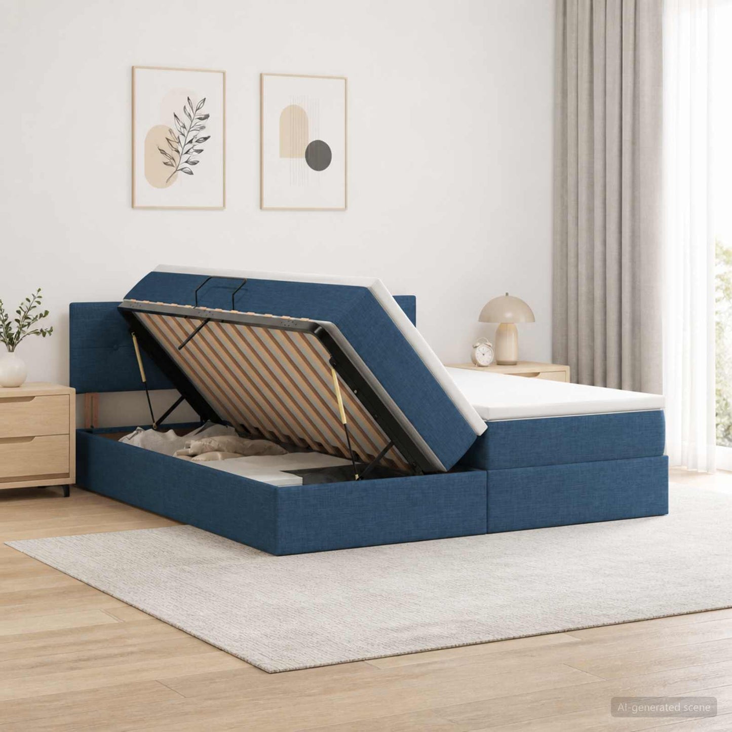 Letto con contenitore LED e materasso Blu 200 x 200 cm Tessuto