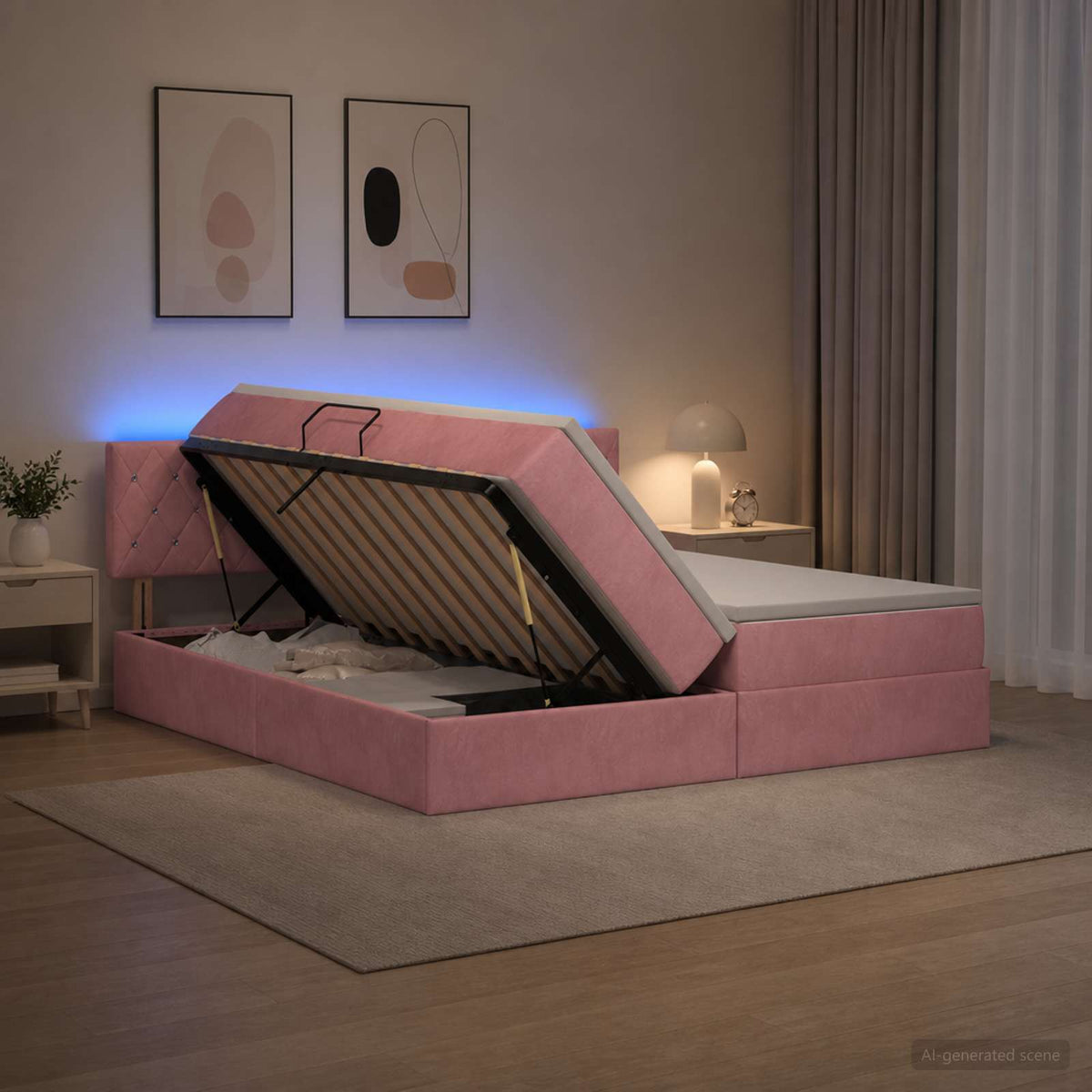 Letto con contenitore LED e materasso Rosa 200 x 200 cm Velluto