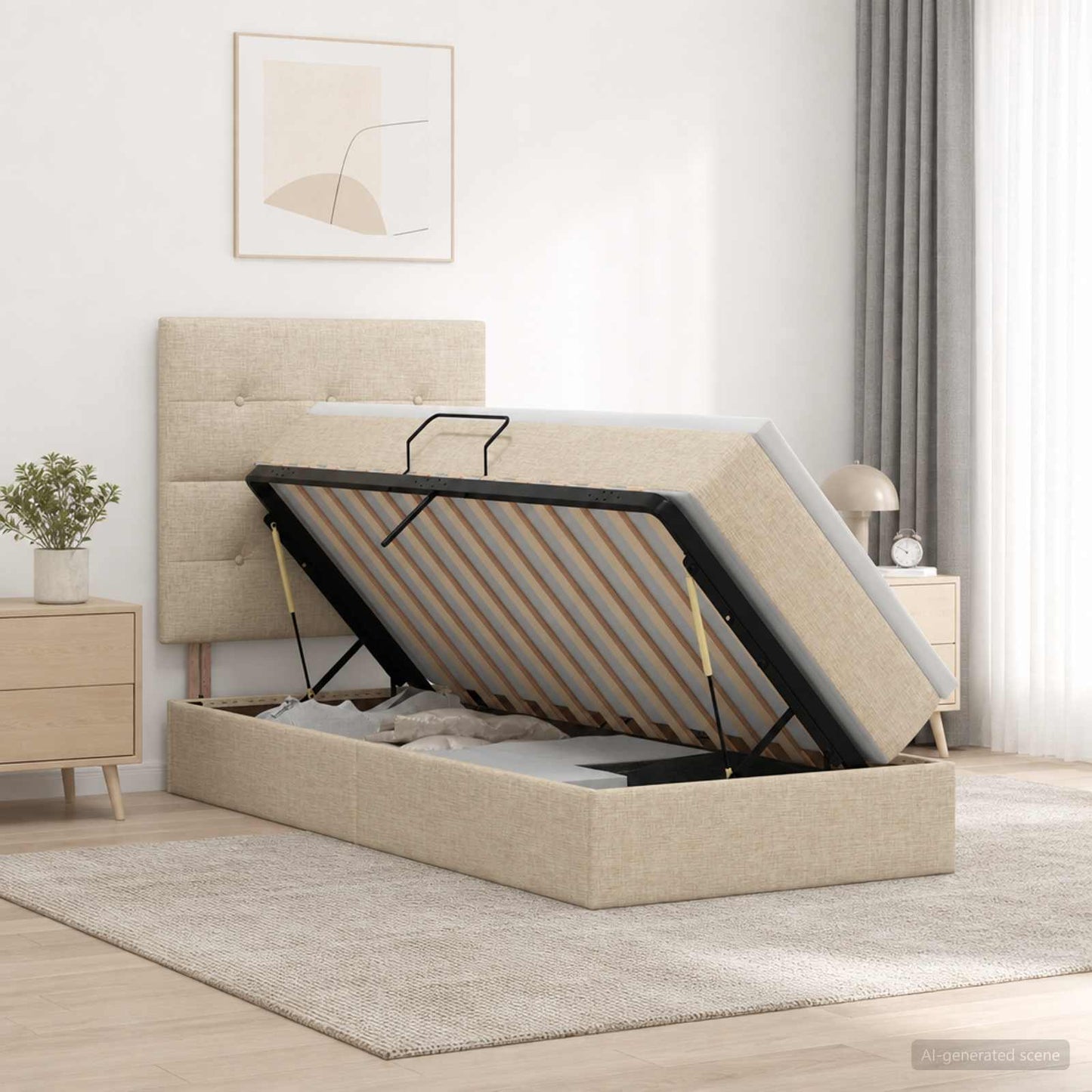 Letto con contenitore LED e materasso Crema 90 x 190 cm Tessuto