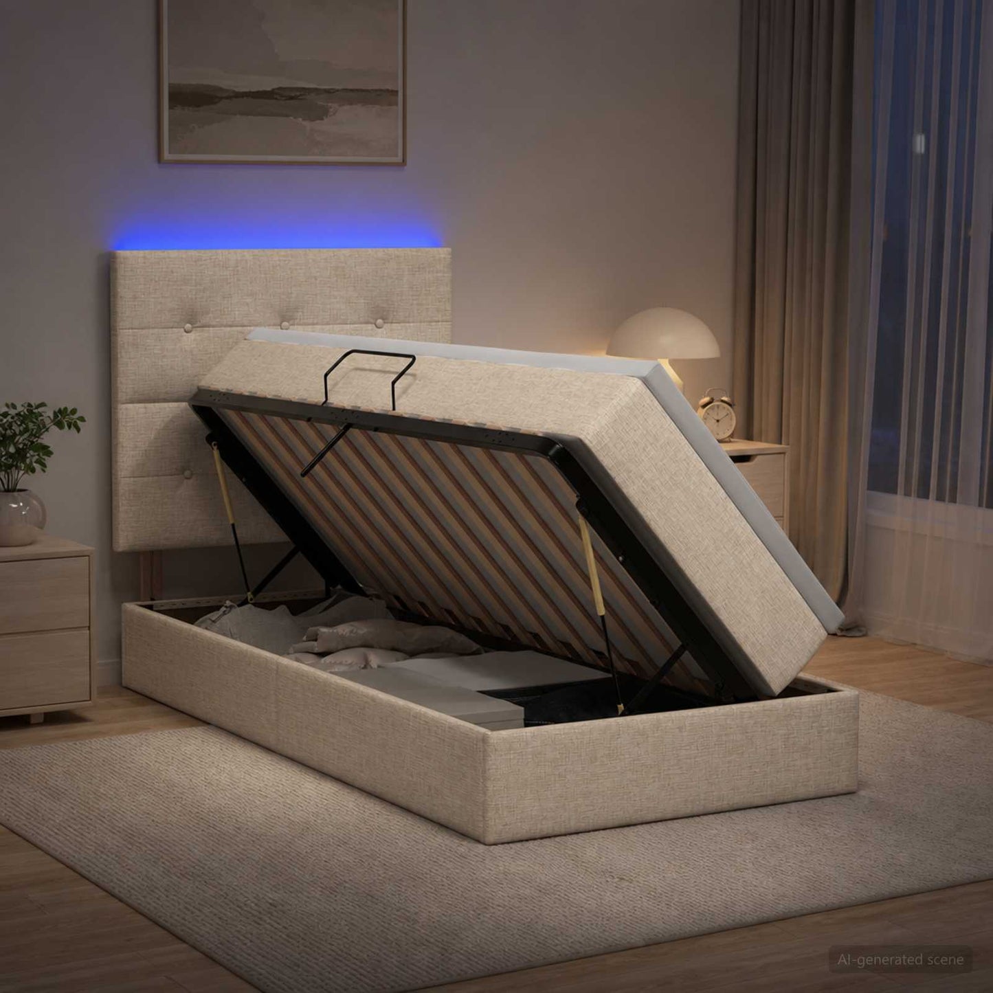Letto con contenitore LED e materasso Crema 90 x 190 cm Tessuto