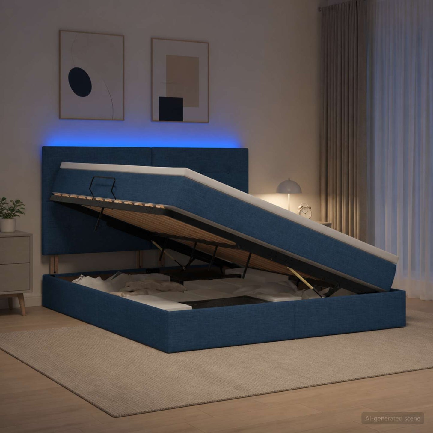 Letto con contenitore LED e materasso Blu 160 x 200 cm Tessuto