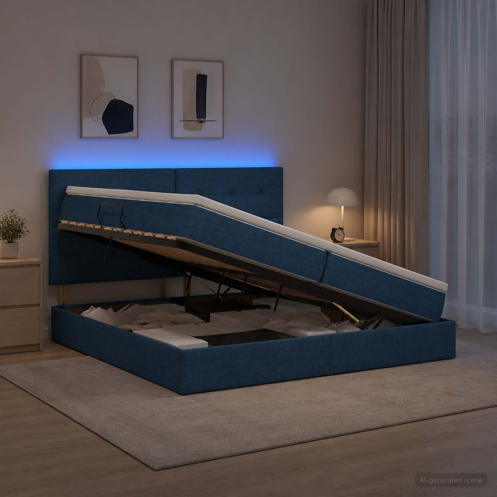 Letto con contenitore LED e materasso Blu 200 x 200 cm Tessuto | homemem39