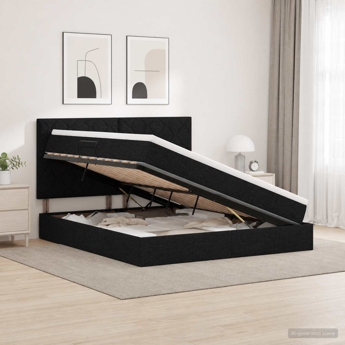 Letto con contenitore LED e materasso Nero 180 x 200 cm Tessuto