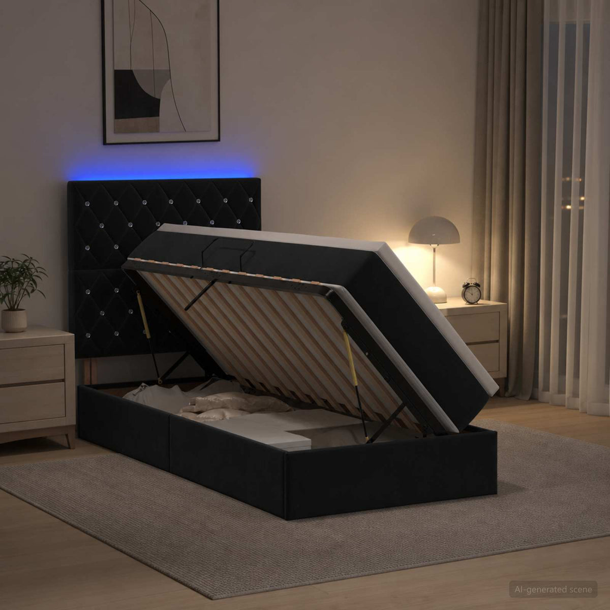 Letto con contenitore LED e materasso Nero 90 x 190 cm Velluto