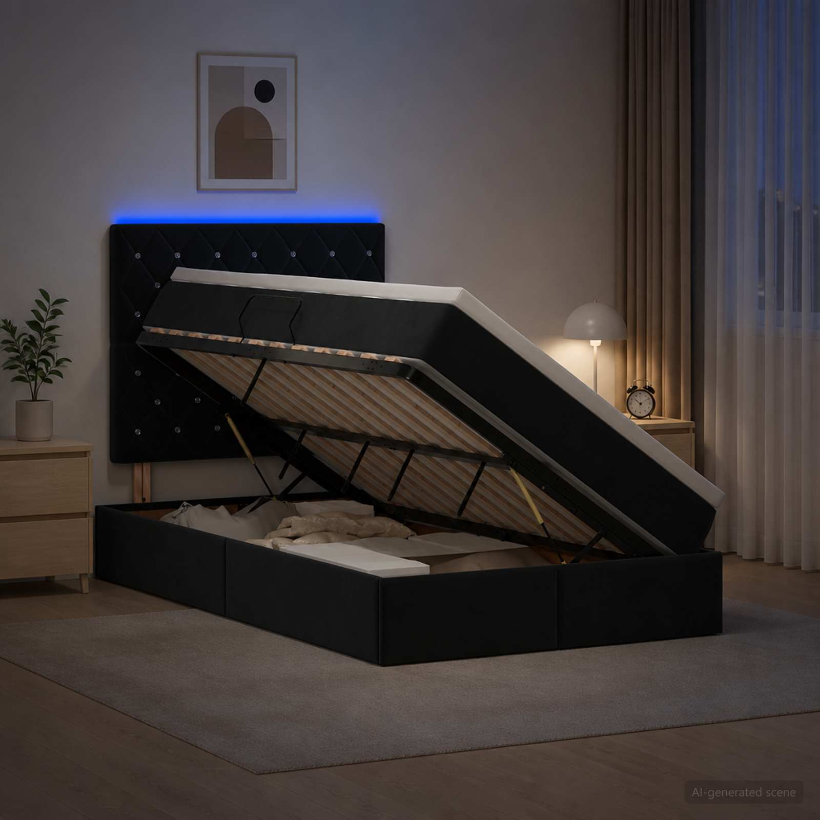 Letto con contenitore LED e materasso Nero 120 x 200 cm Velluto | homemem39