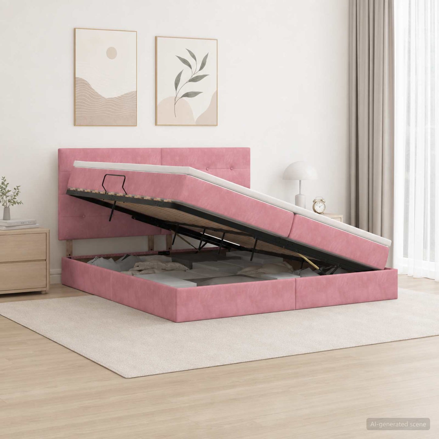 Letto con contenitore LED e materasso Rosa 200 x 200 cm Velluto