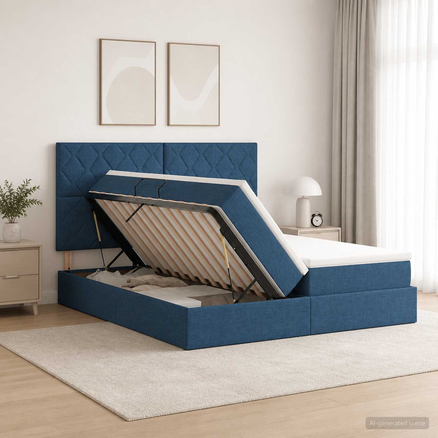 Letto con contenitore LED e materasso Blu 200 x 200 cm Tessuto