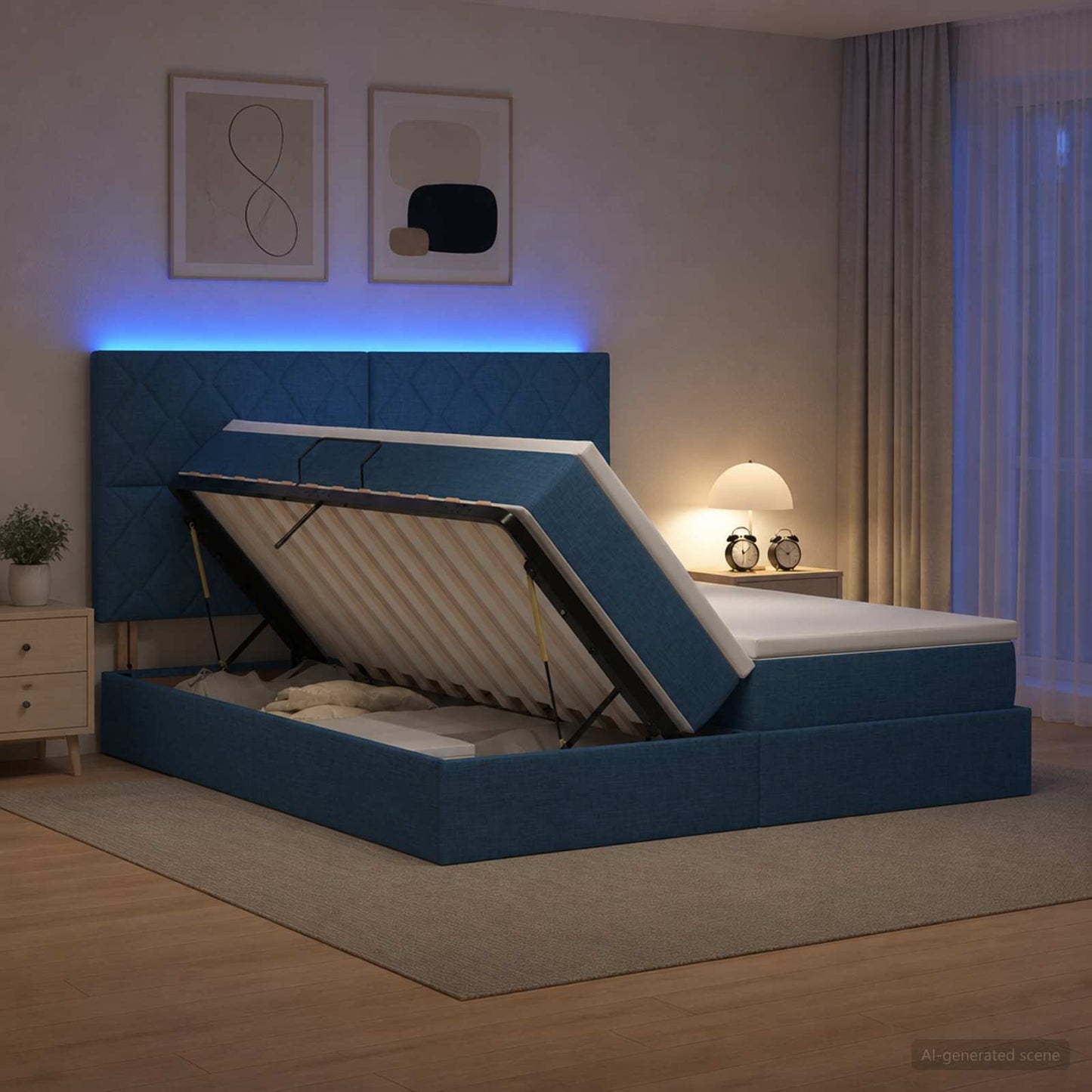 Letto con contenitore LED e materasso Blu 200 x 200 cm Tessuto
