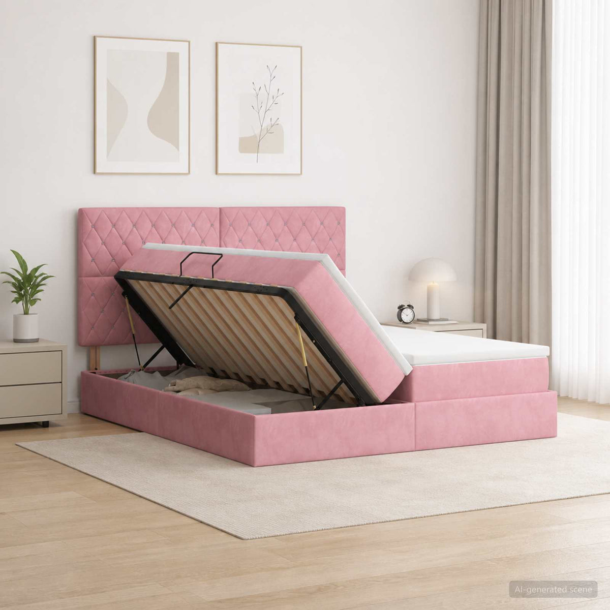 Letto con contenitore LED e materasso Rosa 200 x 200 cm Velluto