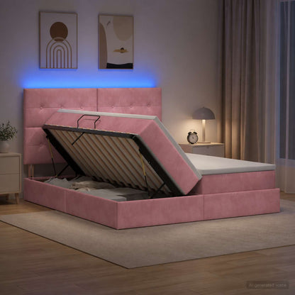 Letto con contenitore LED e materasso Rosa 200 x 200 cm Velluto