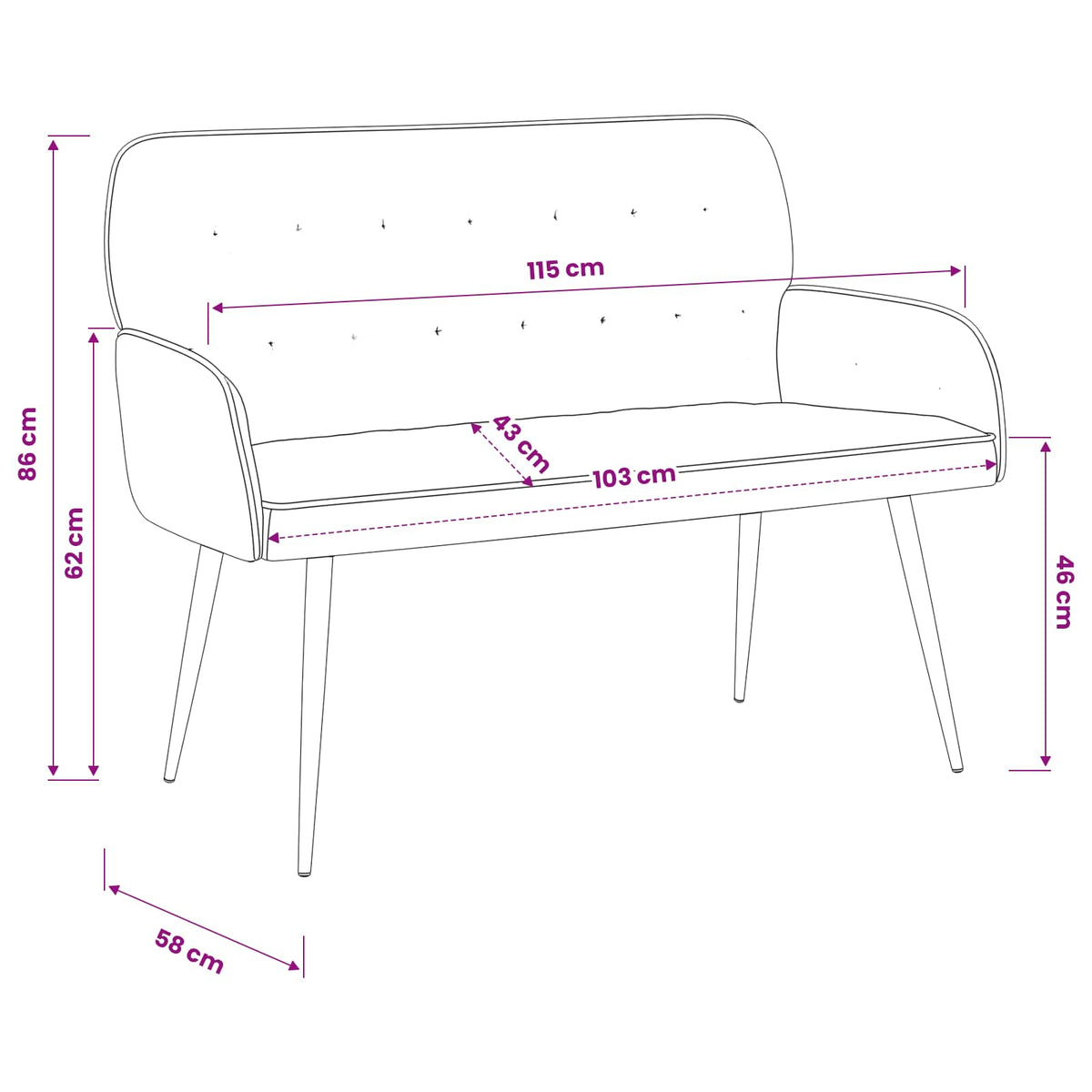 Divano a 2 posti con gambe in metallo 2 posto Grigio Scuro | homemem39