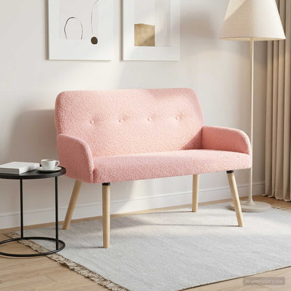 Divano a 2 Posti con Gambe in Legno Massello Rosa Bouclé