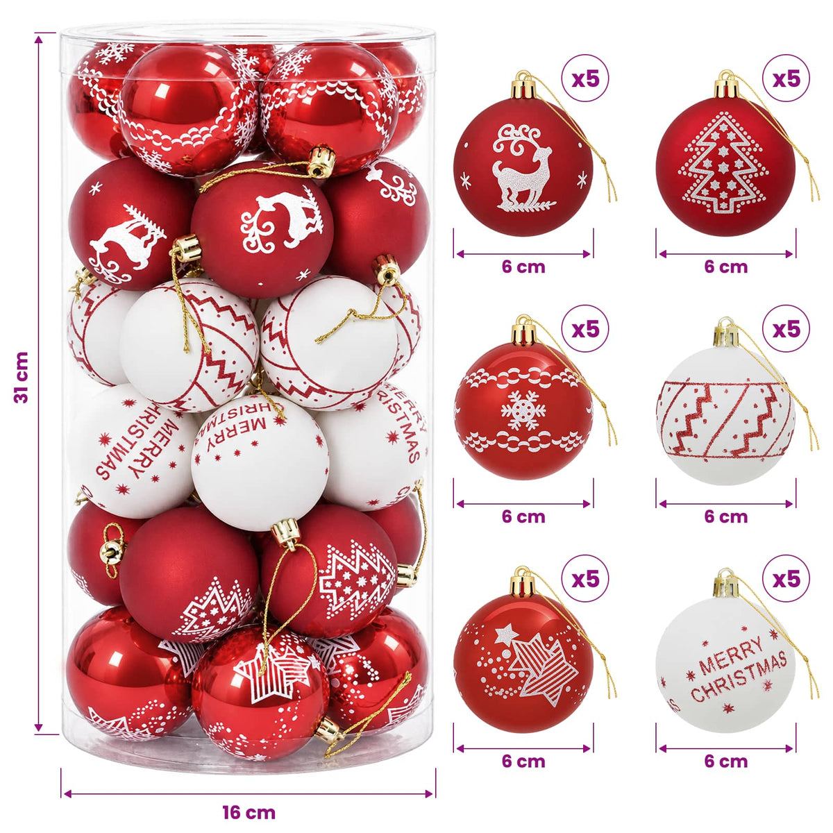 Set di Palline di Natale 30 pz Rosso e Bianco Ø 6 cm Plastica