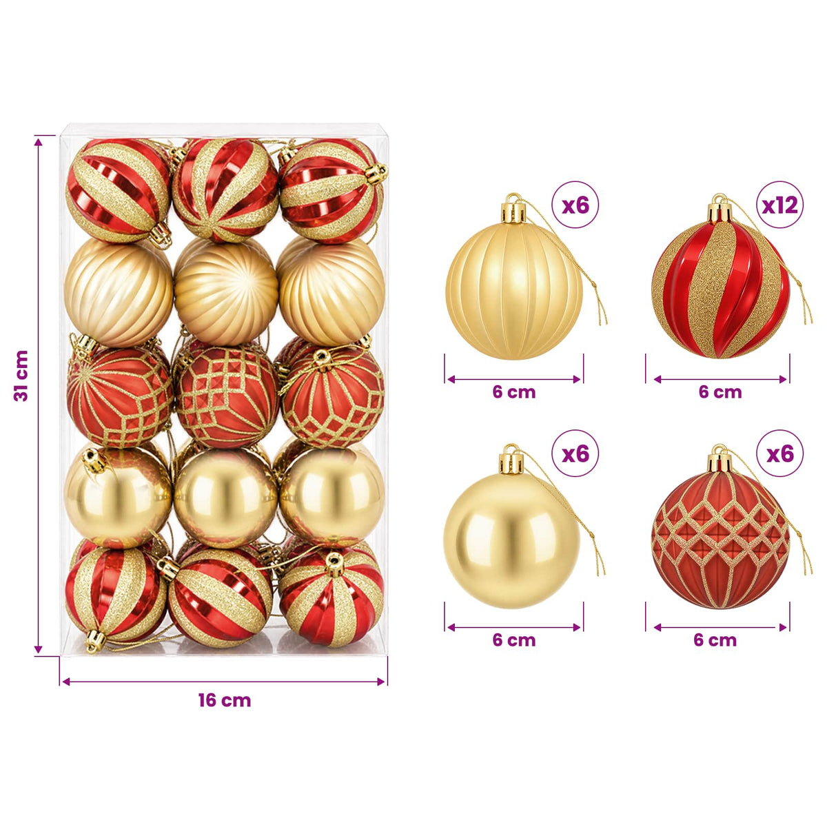 Set di Palline di Natale 30 pz e Ø 6 cm Plastica