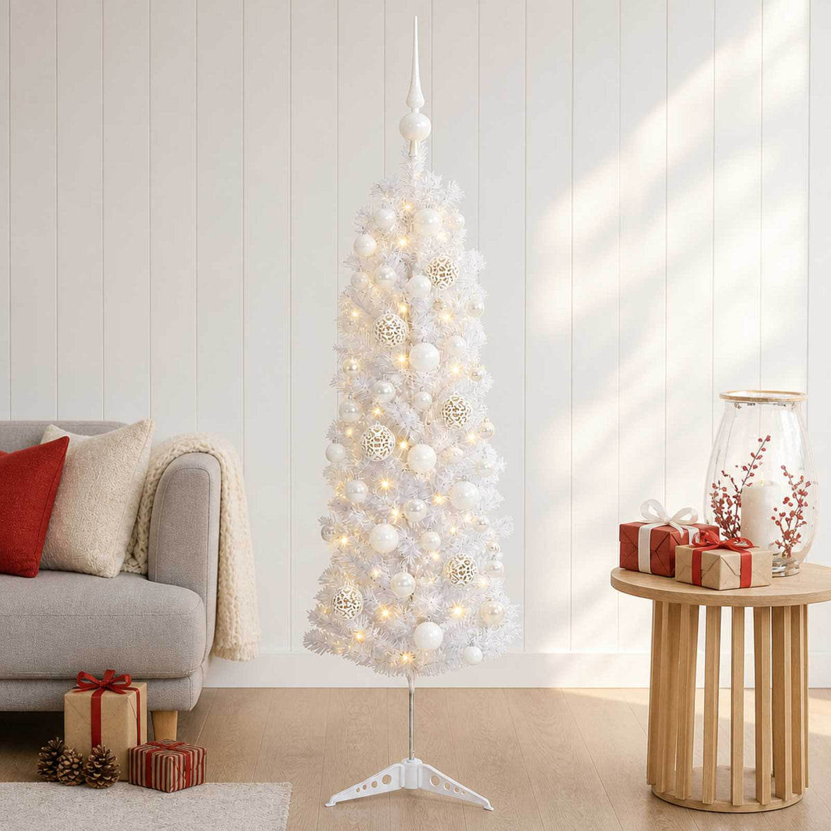 Albero di Natale Artificiale Slim con Palline 150 cm 150 LED