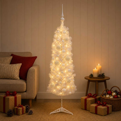 Albero di Natale Artificiale Slim con Palline 150 cm 150 LED