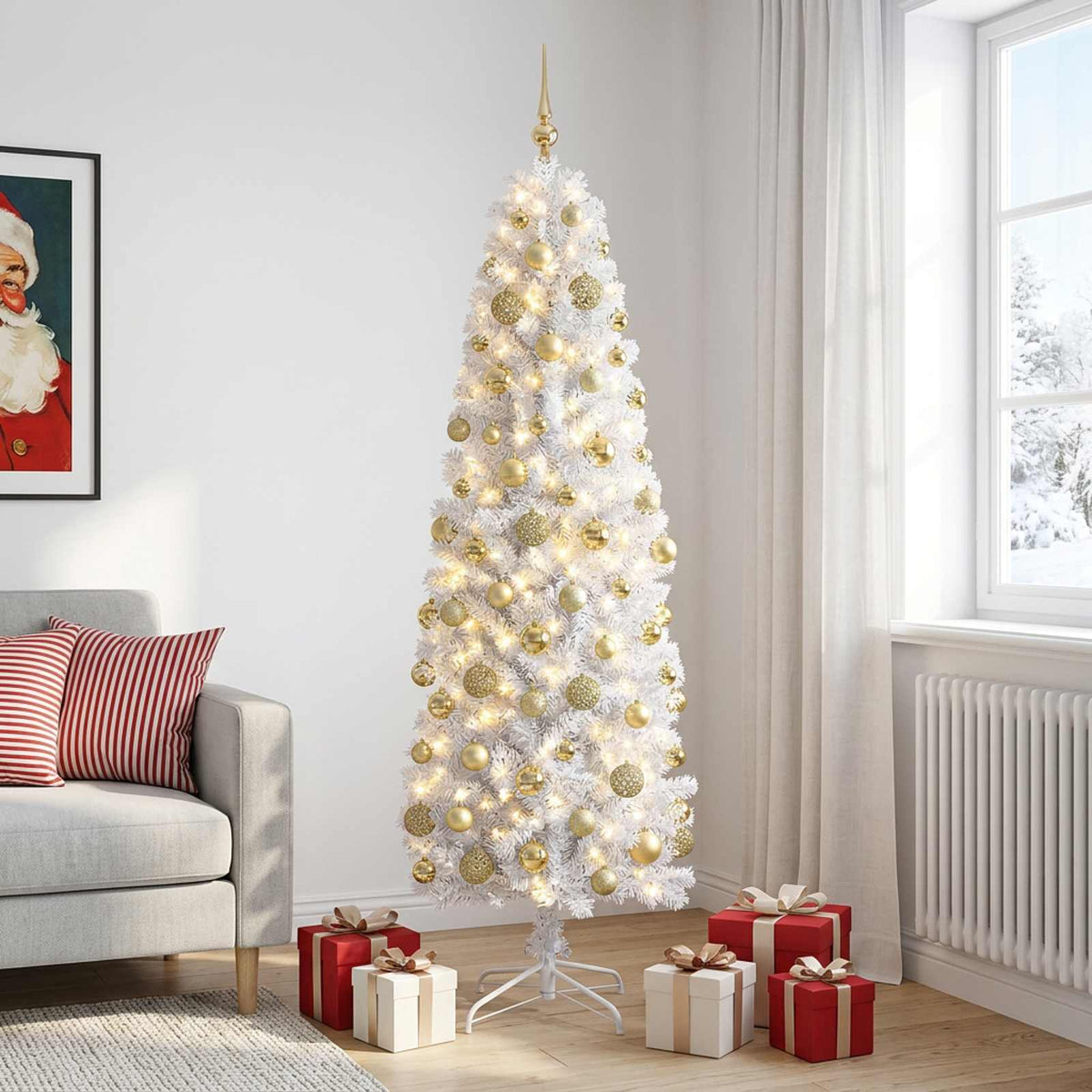 Albero di Natale Artificiale Slim con Palline 240 cm 300 LED